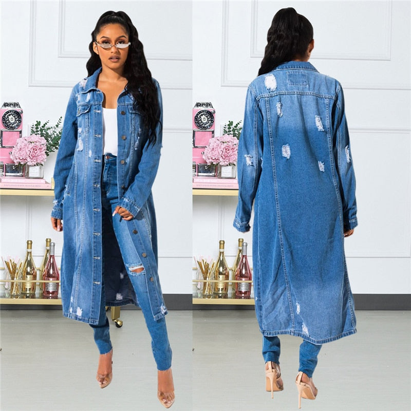 Blue Casual Solid Ripped Turndown Collar Long Sleeve Regular Denim Jacket Coat