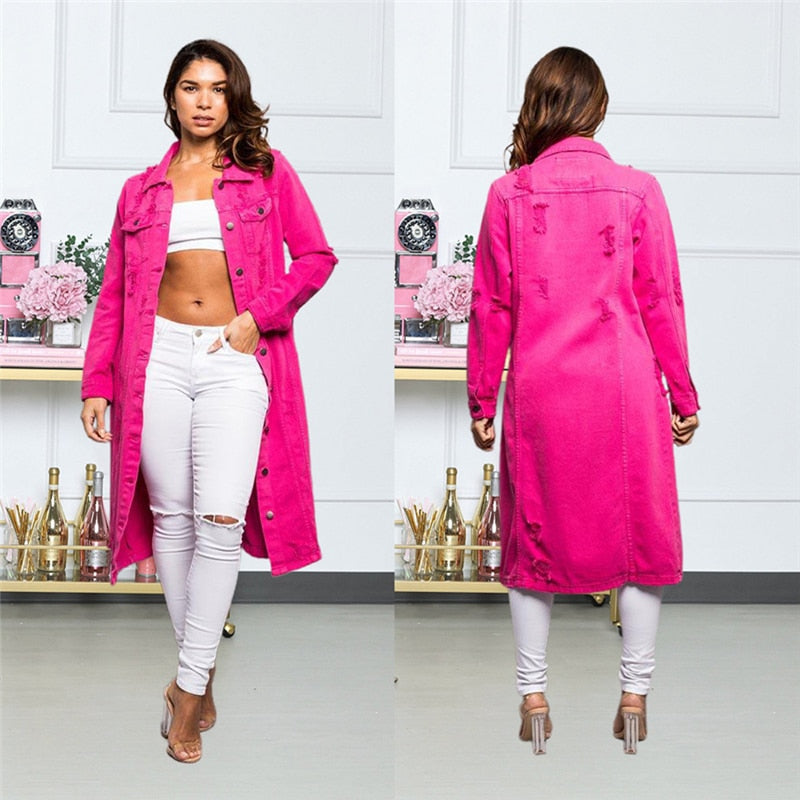 Blue Casual Solid Ripped Turndown Collar Long Sleeve Regular Denim Jacket Coat