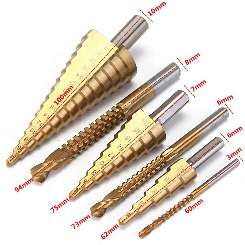 6 Stück 4–12/4–20/4–32 mm HSS gerader Stufenbohrer titanbeschichtetes Holz Metall Lochschneider Kernkegel Bohrwerkzeuge Set kostenlos 3 mm